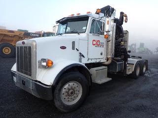 2004 Peterbilt 357 T/A Crane Truck Tractor C/w Chassis No. 81405, Cat C‐12 Engine, Automatic Transmission, Main Trans MO‐16Z12A‐AI6, Rear Axle Dana Spc DSP41, Ratio 4.33,  PTO, Morgan Headache Rack With Storage Boxes, Shifting Hitch, 2003 Hiab Model 300-4 Crane, 14,500 Lb. Capacity, Wireless Remote, Sn 3000931, Olsbert Combidrive Radio Receiver And Decoder, Motorola CB Radio, Aluminum Rims, 385/65R22.5 Tires @ 60% And 11R22.5 Rears @ 60%. Showing 2383hrs, 212,267 Miles. VIN 2XPADU0X04M814105