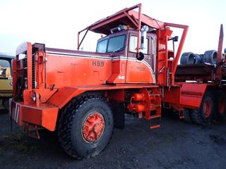 Hayes HDX Off Highway T/A Logging Truck C/w Detroit Diesel V12 Engine, Headache Rack, Williams Power Brake Control, Clarke Differentials And 14.00 R25 Tires @ 90%. Showing 4580hrs, 123,542kms. VIN 9053636 *Note: Both Seats Damaged*