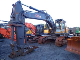 2005 Volvo EC360B LC Excavator C/w 27.5in Double Grouser Pads, ROPS Part 14523603, SN 4D3375, Heated Cab, Heated Seat, IMNC Quick Attach LMAL Thumb, Sony CD Player And U/C 30%. Showing 11,475hrs. SN EC360V11012 *Note: Missing Tracks, Sprockets Ok, Rollers Worn Bad, Pins Fair*