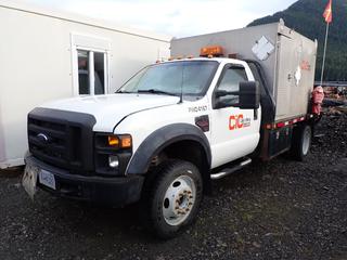 2008 Ford F550 XL Super Duty Pickup Truck C/w  Powerstroke V8 6.4L Turbo Diesel Engine, 8-Cylinder, 4x4, Dual Rear Wheels, Rear Steel Work Box, Under Bed Lock Boxes, CB Radio And 225/75R19.5 Tires All @ 70%. VIN 1FDAF57R78EE04167