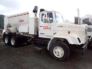 1990 Freightliner T/A Cement Batch Truck C/w CAT Model 306B Engine, Eaton Fuller Roadranger 8-Speed Transmission, Dayton Wheels, Hendrickson Suspension, Rubber Block, Walking Beam, 14ft Sand/Stone Hopper, 15ft Bottom Flyted Drag Conveyor, 8ft Rear Auger, Twin Vibco Model DC-100 Vibrators, 385/65R22.5 Fronts, 11R24.5 Rears Tires @ 80%. Showing 5404hrs, 313,062kms. VIN 1FVX1WYB6LL443300