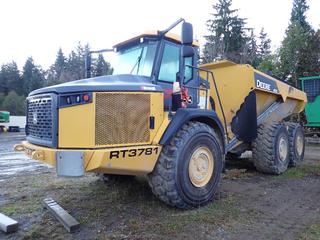 2018 John Deere 410E Articulated Dump Truck C/w 443hp, Heated Box w/ 29.7 Cubic Yard Heaped Capacity, Rear Camera And 29.5R25 Tires. Showing 4957hrs, 47,128kms. VIN 1DW410ETAKF693781