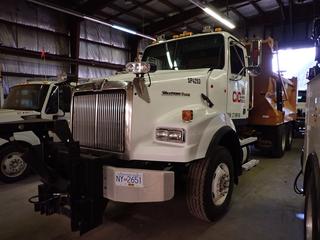 2010 Western Star 4900 T/A Plow Truck C/w Detroit Diesel Engine, Eaton Fuller Roadranger 13-Speed, Light Package, Front And Rear Flasher, Viking Cives Pro-line II Model PL1415LW Rear Box/Sander/Spreader, Accucast Model 2000 Screen, 3-Speed Cab Control, Rear Drop Gate, Rollcover, 27,999kg GVWR, 2018 Monroe 12ft Model MP41R12‐1SCT Front Blade, Sn 18-12-2205, 315/80R22.5 Fronts And 11R22.5 Rears. Showing 6032hrs, 175,377kms. VIN 5KKHALCV6APAL4253