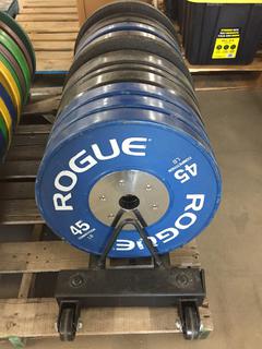 Rogue Horizontal Plate Rack c/w Assorted Weight Plates.