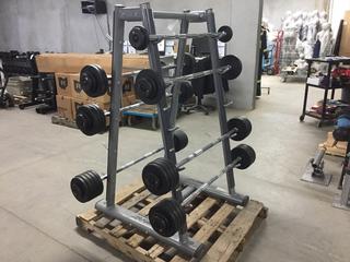 Life Fitness Barbell Rack c/w GPI 20-110Lbs Barbells, S/N 081109001537.
