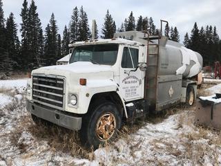 Selling Off-Site -  1986 International 1954 S/A Fuel Truck c/w 7.6L 466C Diesel, Fuller Roadranger 10 Spd, PTO, Pump, Hose, Reel, Ticket Printer, Showing 534,257 Kms, VIN 1HTLDTVR2GHA14977. Located at Sundre, AB., Viewing By Appointment Contact Graham to Arrange Viewing 403-968-7697.