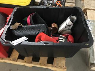 Bin of Assorted Rubber Bands, Weight Belts, Gloves & Abdominal Mat.