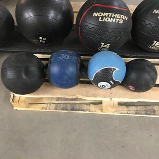 (4) Medicine Balls, 6lb, 10lb, 30lb & 50lb.