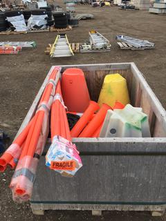 Crate of Assorted Hardware, Guy Wire Covers, Safety Cones, Delineator Posts  etc.