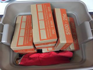 Box of Assorted Coin & Bill Boxes & Bags.