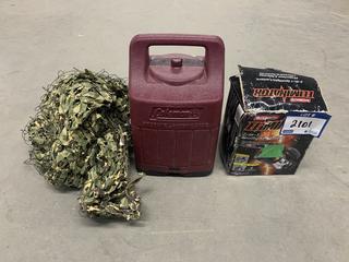Coleman Propane Lantern and Spot Light c/w Case & Camo Netting.