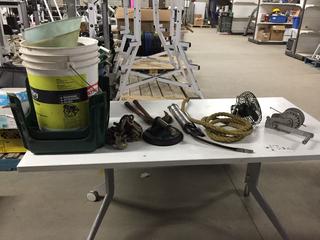 Quantity of Plastic Pails, Plastic Stools, Funnels, Hooks/Chain and Grease Gun.