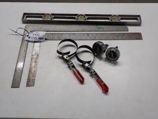 (2) 90 Degree Square Rulers, (1) Metal Level, (2) Oil Change Clamps, QS RPM Gauges.