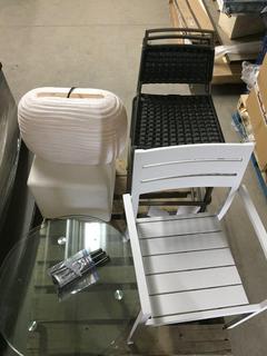 (1) Round Glass Short Table, (1) White Square Plastic Stool, (1) Lamp, (2) Barstools & (1) White Metal Chair.