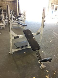 Hammer Strength Incline Olympic Bench w/ Weight Rack, *Seat Ripped*.