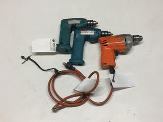 (1) Black & Decker Drill and (2) Makita 10mm 6041D Cordless Drills. *No Batteries or Chargers*.