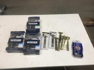 (3) Assorted Weiser Door Knobs, (1) Chamberlain Garage Access Wireless Keypad & Quantity of Deadbolt Backset Latches.