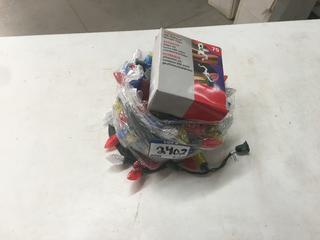 (1) Box of Outdoor LED Gutter & Shingle Clips & (1) String of Multi Colored Christmas Lights.
