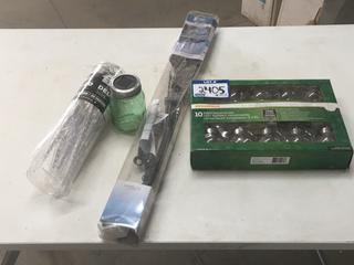 (1) String of (10) LED Lighted Ornaments, String of 10 White LED Icicle Lights, (1) Pack of 3 LED Lawn Stakes & (1) Fairy Light Jar.