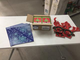 Quantity of Christmas Stick-On Decorations (3) Sets of Antlers w/Flashing Nose, () Case of Assorted  Christmas Cards.