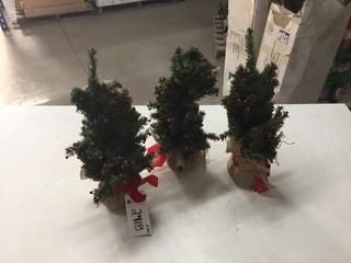 (3) Decorative Table Top Christmas Trees In Burlap 20" Tall.