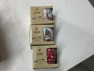 (6) Color You Home Porcelain Christmas Mugs.
