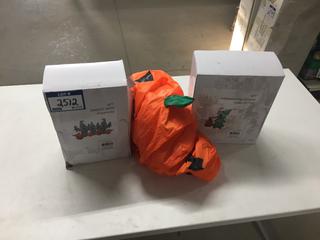 6' Ghosts With Pumpkin Inflatable, 6' Dog Chasing Santa Up Tree Inflatable & Inflatable Pumpkin.