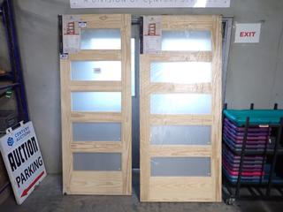 (2) 5-Lite Panel Barn Doors, 37"x 84" & 33"x 84", *Top Panel Damaged*.