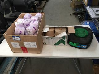 Box of Individually Wrapped Toilet Paper, Box of Tuflex, Premium Water Activated Tape & Scepter Oil Drain Pan.