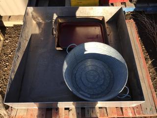 Aluminum Box/Tray 3' x 3' x 9",  (1) Metal Welding Pail and (3) Assorted Metal Trays.