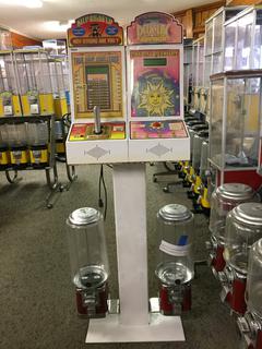 Dual-Sided Psychic Advisor & Strength Tester Machine w/ (2) Northern Beaver Candy Machines. Approximately 62"H x 25"L. *Note: Keys For This Machine Are In Office