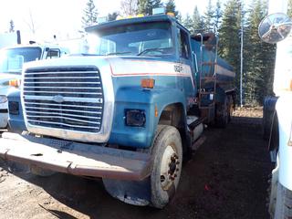 1997 Ford LT9000 Water Truck, 10.5L CAT Diesel Engine, T/A, Eaton 8LL Manual Transmission, A/R Suspension, PTO, 15,900L Tank, VIN 2AESTHB08TE000153, Storage Cabinet, Tire Chains, 15/75 22.5 Front Tires @ 30%, 11R24.5 Rears @ 60%, Showing 273,625 KMS. VIN 1FDYU90T3VVA11389 *Note: Parts Only* **Buyer Responsible For Load Out**