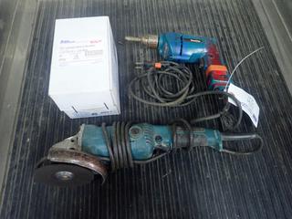 Makita 6510LVR 120V 3/8in Drill C/w Makita 120V 4 1/2in Angle Grinder And (10) Unused United Abrasive 4 1/2in X  3/32in X 5/8in Depressed Center Cutting Wheels