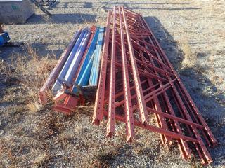 Qty Of (3) 20ft X 34in Pallet Racking Uprights C/w (1) 16ft X 34in Upright And Qty Of 9ft Crossbeams