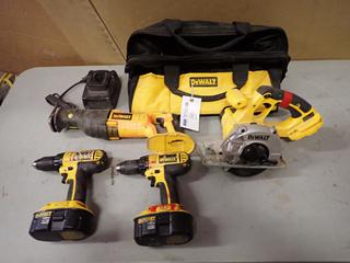 (2) Dewalt 18V 1/2in Drills C/w Dewalt DC385 18V Reciprocating Saw, Dewalt DCS372 18V 5 1/2in Circular Saw, (2) Batteries, (1) Charger And Dewalt Tool Bag