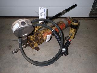 Enerpac Hydraulic Hand Pump C/w Unused Hose And Enerpac C-104 10-Ton Hydraulic Ram *Note: Glass Broken On Gauge*