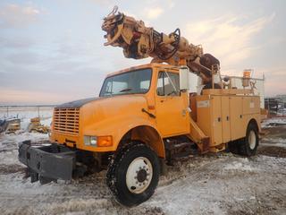 1993 International 4800 4X4 Digger Derrick Truck, S/A, C/w Navistar E210 7.6L Diesel Engine, A/T, Ranch All Derrick, 8200lb Front Winch, Man Basket, Hannay Hyd. Hose Reel, Pole Holder, 8in, 10in And 16in Penco Augers, Model M45H-1B 3-Stage Boom, SN 8868, Pitman Digger Derrick, (4) Outriggers, 11R22.5 DE Fronts And 11R22.5 X 2Y Rears. Showing 3999hrs, 70,728kms. VIN 1HTSEPPR4PH523530 *Note: Windshield Cracked*