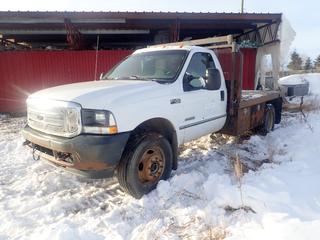 2004 Ford F-450 Super Duty XL Flat Deck Truck C/w 6.0L Powerstroke V8 Turbo Diesel, A/T, 10ft X 8ft Deck, 6000lb GAWR Fronts, 11,000lb GAWR Rears, 15,000lb VDWR, (2) Storage Compartments, (4) Side Attached Tie Down Straps, Headache Rack w/ Light, Dually Wheels And 245/70 R19.5 Tires. VIN 1FDXF47P84ED42677. *Note: Damage On Seat, Running Condition Unknown*