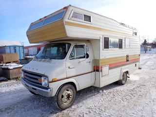 1978 Dodge Sportsman Motorhome C/w 318 Engine, A/T, 8900lb GVWR, 3400lb GAWR Fronts, 6000lb GAWR Rears, Gas And Electric Dometic Fridge, Hydroflame Furnace, (2) Bunks, Shur-Flow Water Pump, 8.75 R16.5 Front Tires And 8.75 R16.5 Rear Tires. Showing 48,833kms. VIN F34BF8V722929