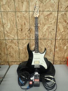 Ibanex RX40 Bolt On Electric Guitar C/w (1) Volume And (1) Control Knob, Aria DT-5 Distortion Pedal, (2) 10ft Instrument Cables, (1) Bass PSA-120T Adapter And Soft Case. SN C5104179