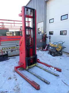 Mobile Industries Model FTAFC-144 1500lb Cap. Hydraulic Stacker w/ 2-Stage Mast, 144in Lift Height, Associated 9014 6V And 12V Battery Charger And 42in Forks. SN 15167