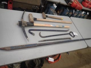 5ft Bar, (2) Pry Bars, Pull Hook, (2) Sledge Hammers And Pick Axe