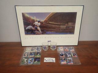 30 1/4in X 20 1/4in "20 Years Of Blue Jays Baseball" Framed Labatt Blue Blue Jays Portrait C/w (2) Toronto Blue Jays Glasses And Qty Of Baseball Cards