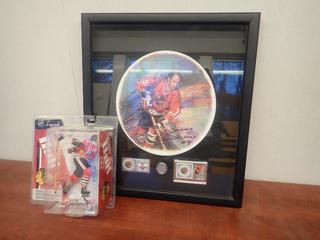 19in X 17in Bobby Hull Signed Framed Portrait w/ 2001 Coin, Bobby Hull 2001 NHL All Star Game Commemorative Stamp Card, Signed Stamp And Legends Series 4 Bobby Hull Figurine *Note: No COA's, Figurine Unopened*