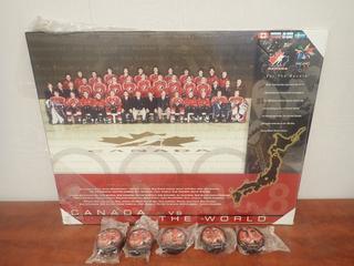 28in X 22in "Canada Vs The World" 1998 Mens Olympic Hockey Team Picture C/w (5) Unopened Mcdonalds Salt Lake 2002 Olympic Pucks Includes: Gretzky, Mario Lemieux & Scott Niedermayer, Rob Blake & Chris Pronger, Owen Nolan & Steve Yzerman