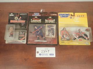 Starting Lineup NHL Timeless Legends 2nd Edition Mike Bossy Figure C/w 10th Anniversary 1997 Edition John Vanbiesbrouck And Corinthian NHLP Headliners Brett Hull Figurines *All Unopened*