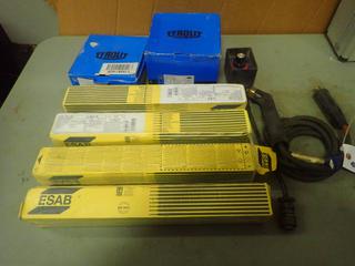 (2) Boxes Of ESAB-E7018 5mmX450mm And (2) Boxes Of ESAB-E7018 6mmX450mm Welding Rod C/w Tyrolit 7in X 1/8in X 7/8in Grinding Discs, Tyrolit 7in X .060in X 7/8in Grinding Discs, Red-D-Arc Welding Remote And (1) Stinger