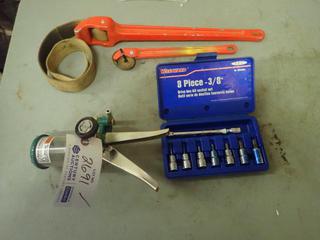 (1) Hand Pump C/w 8-Piece 3/8in Dr Hex Bit Socket Set And (2) Ridgid Strap Tighteners