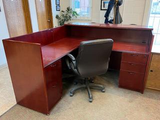 5 Drawer L-Shaped Reception Desk c/w Rolling Chair, 71"x 78"x 41.5".