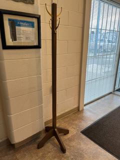 Wooden Coat Rack with Metal Hooks.